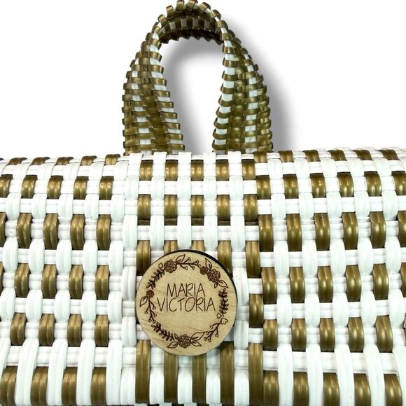 Maria Victoria Large Handmade Woven Backpack Gold White Boho Resort Statement main image 6
